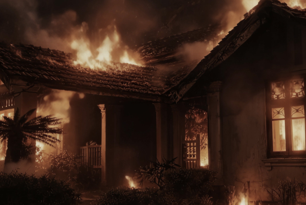 The same house engulfed in composited VFX fire and smoke