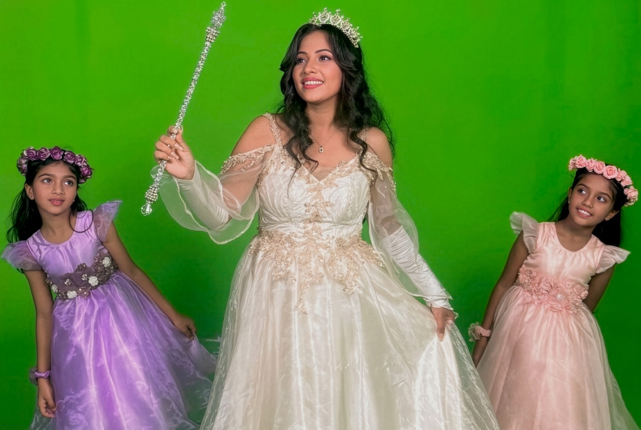 SKY SRI crew filming a green-screen fantasy shoot, with the live composite preview on the monitor