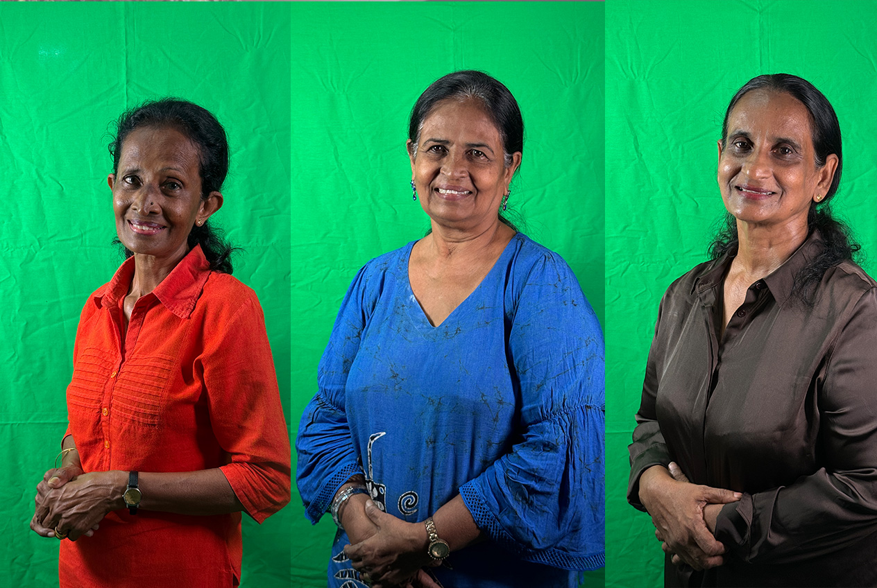 Raw green-screen portraits of three honourees, shot for a video wall tribute segment