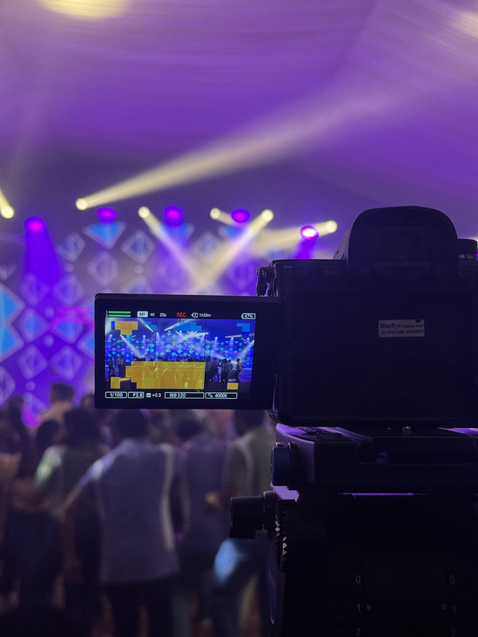 Camera monitor showing a live wide shot of the crowd under stage lighting