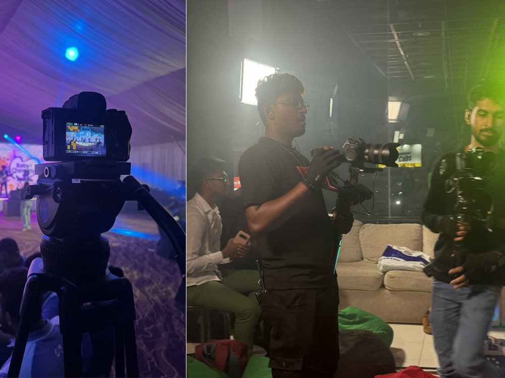 On the camera monitor mid-event and crew with gimbals between setups