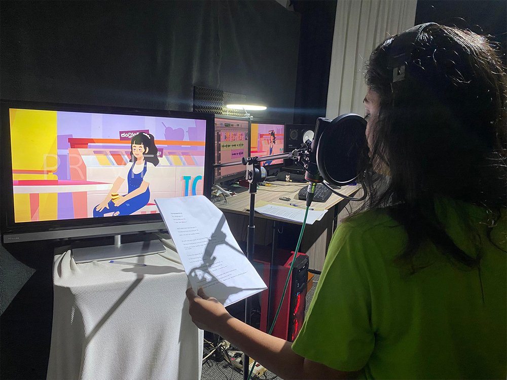 Voice artist matching lines to the animated Sinhala cut
