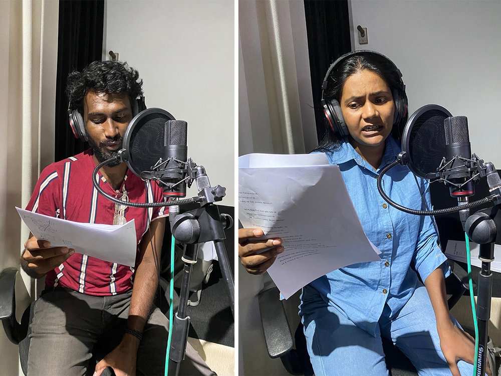 Two voice artists recording in the dubbing booth