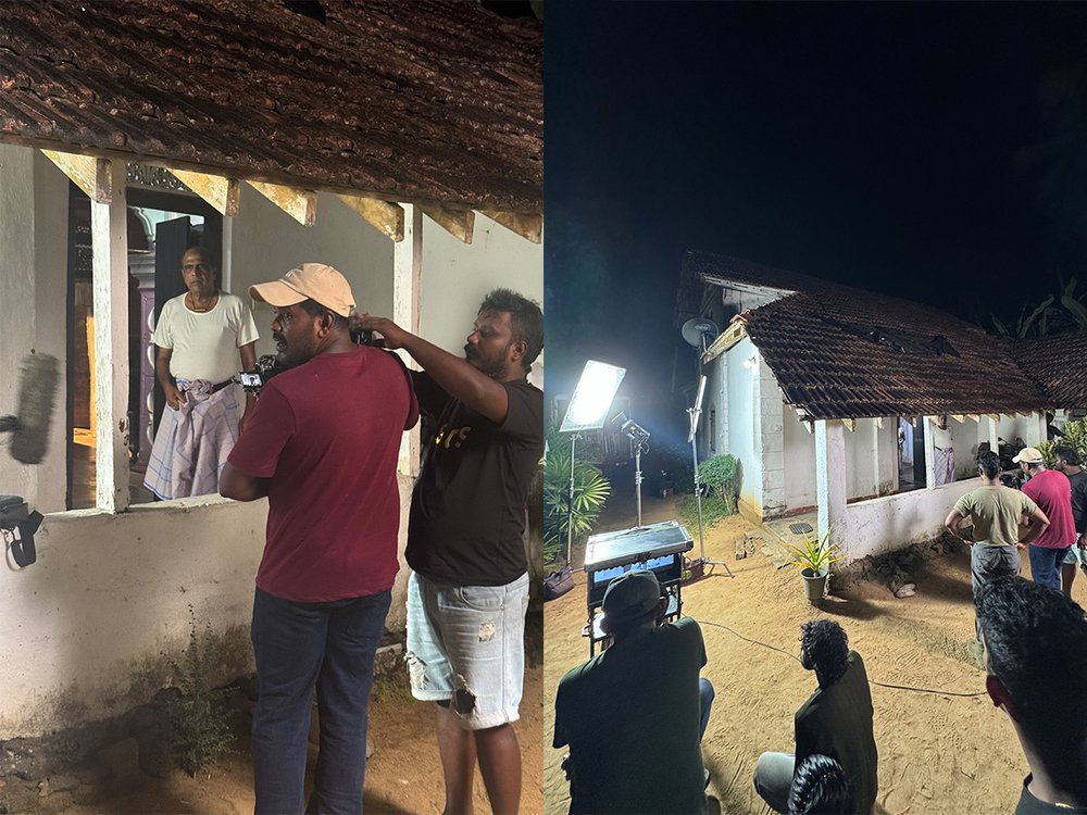 Cast and crew planning a scene indoors at night