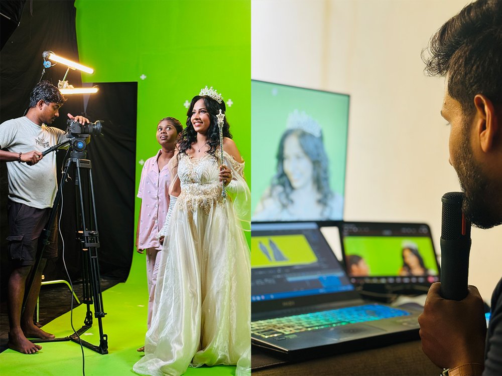 Filming a green-screen fantasy shoot and checking the monitor preview