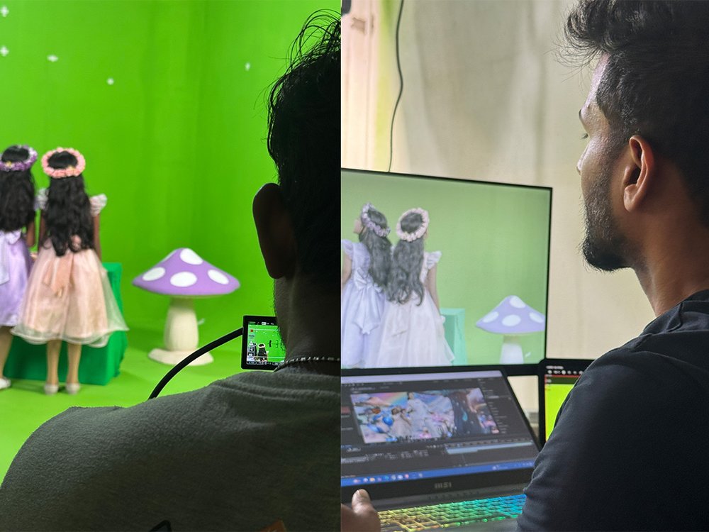 Reviewing the green-screen composite from behind the camera
