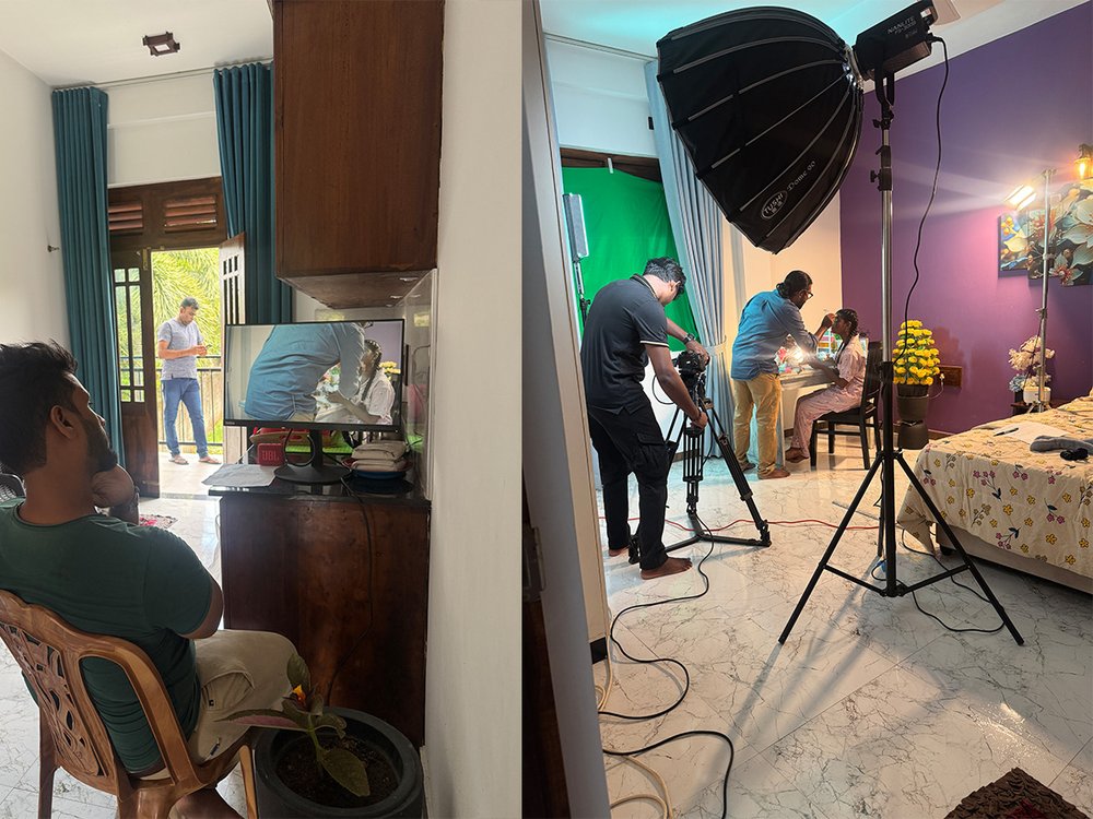 Reviewing footage at the colonial house and lighting a scene